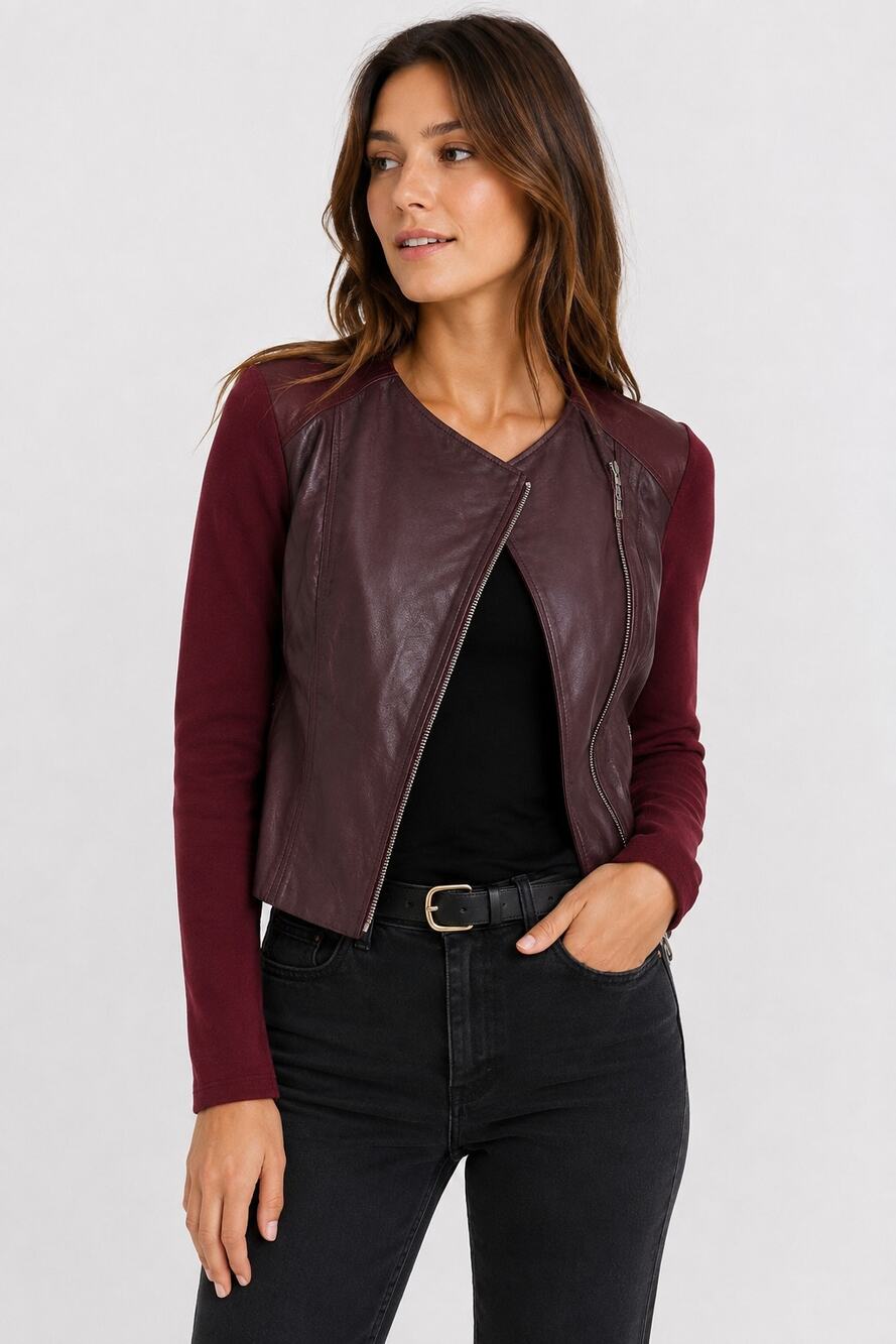 Michael Stars | Mixed Media Leather Moto Jacket Burgundy & Oxblood Size S
